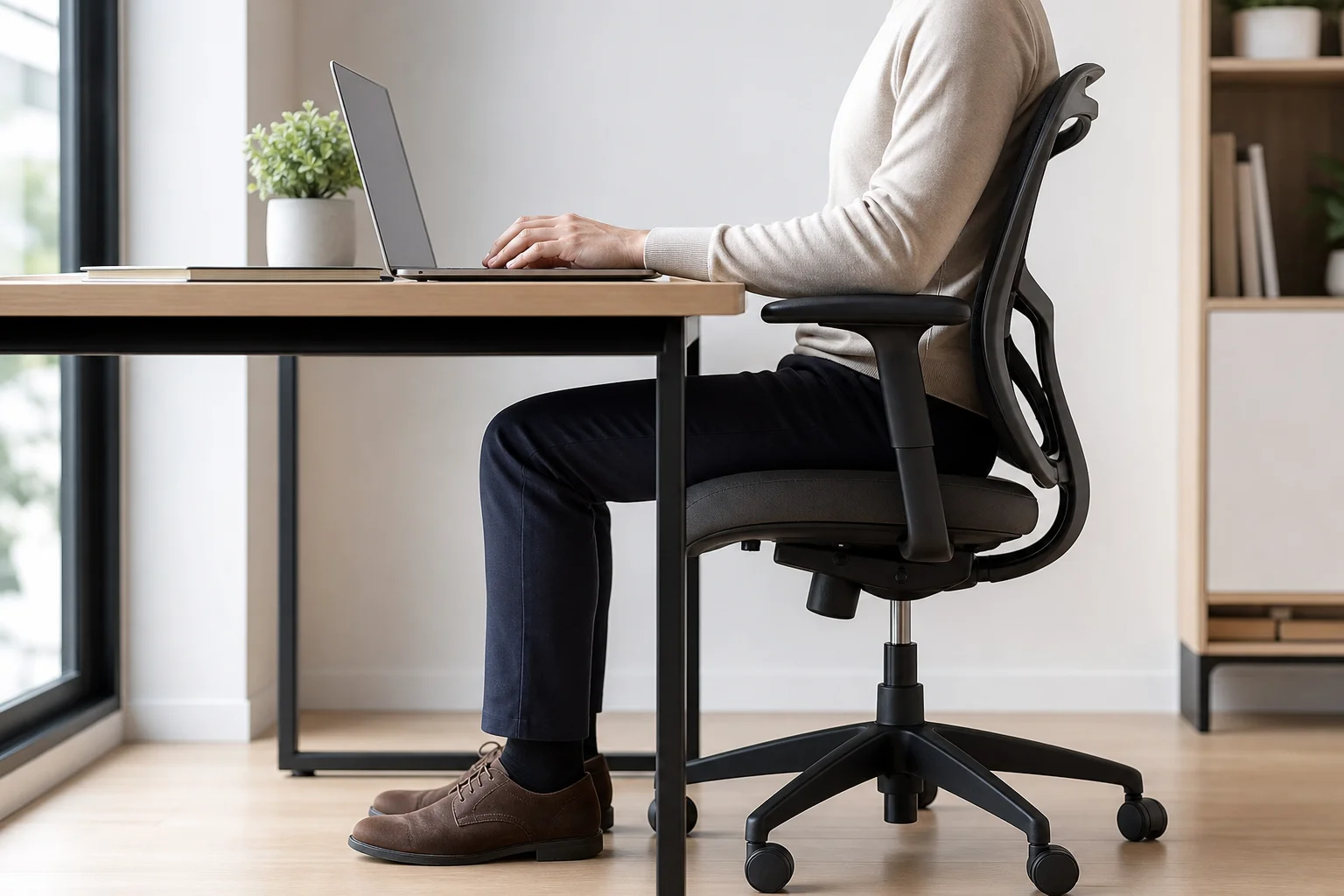 Person sitting at desk with proper posture and arm support