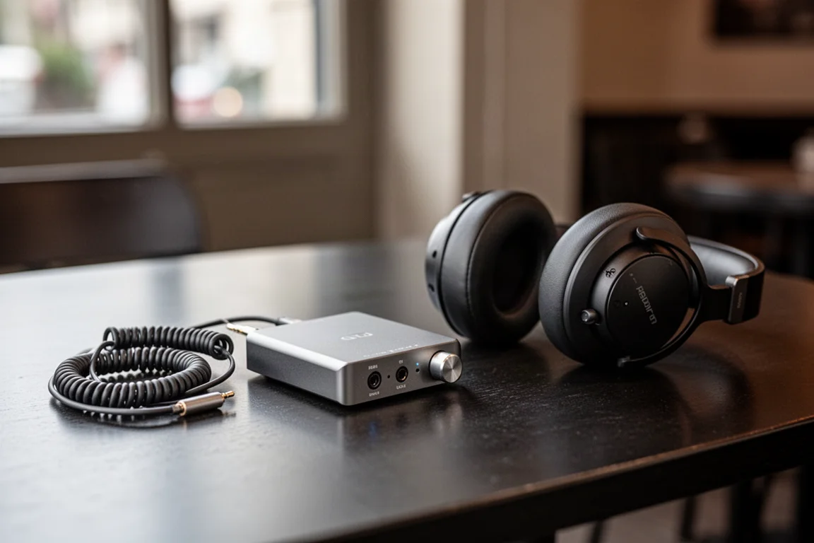 Liten portabel DAC på ett mörkt cafebord bredvid hörlurar och en spiralformad kabel