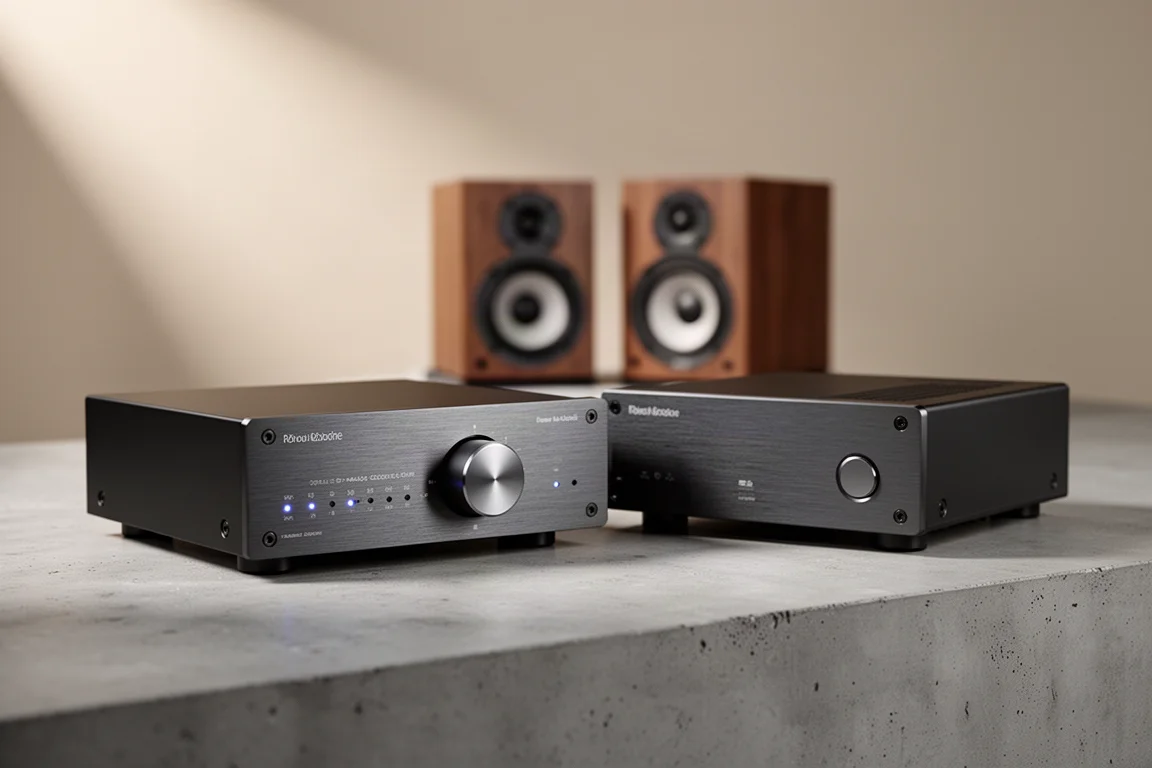 Compact DAC and half-width power amplifier side by side on a concrete surface