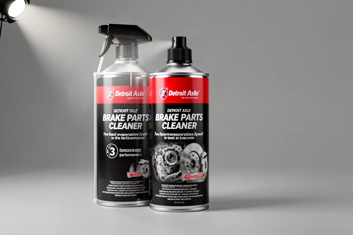 Fourteen aerosol brake parts cleaner cans arranged on a concrete workbench with a steel test plate