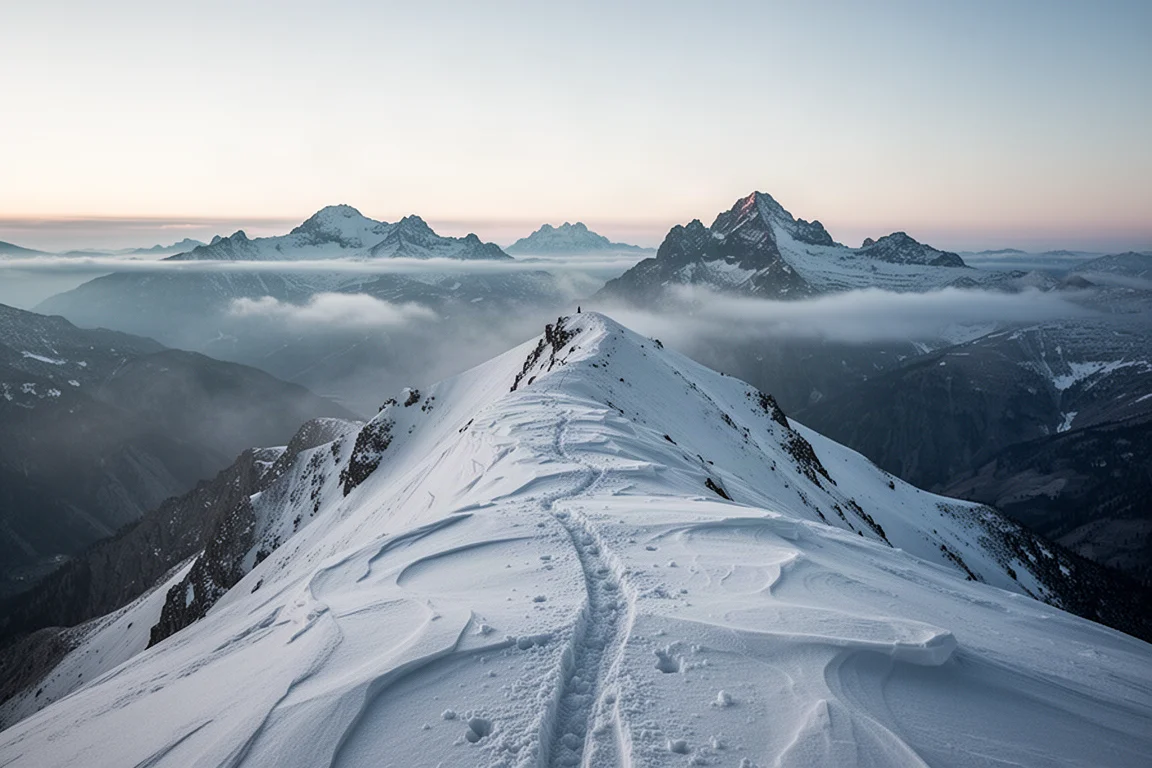 Cresta alpina cubierta de nieve al amanecer con nieve arrastrada por el viento y picos lejanos