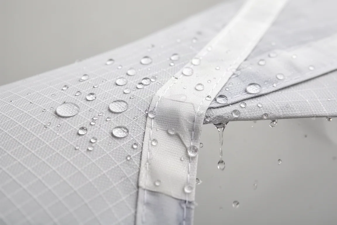Detalle macro de tejido técnico blanco para mochila con gotas de agua en la superficie