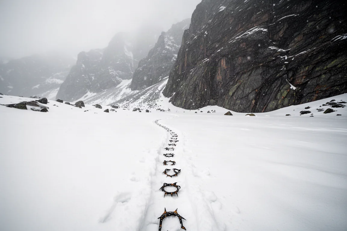 Largo sendero de aproximación cubierto de nieve que conduce hacia una pared rocosa