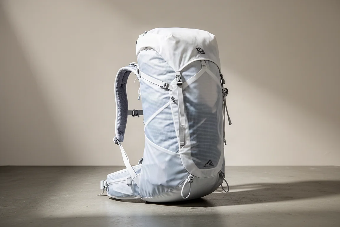 White roll-top mountaineering backpack standing upright on a concrete surface in soft studio light