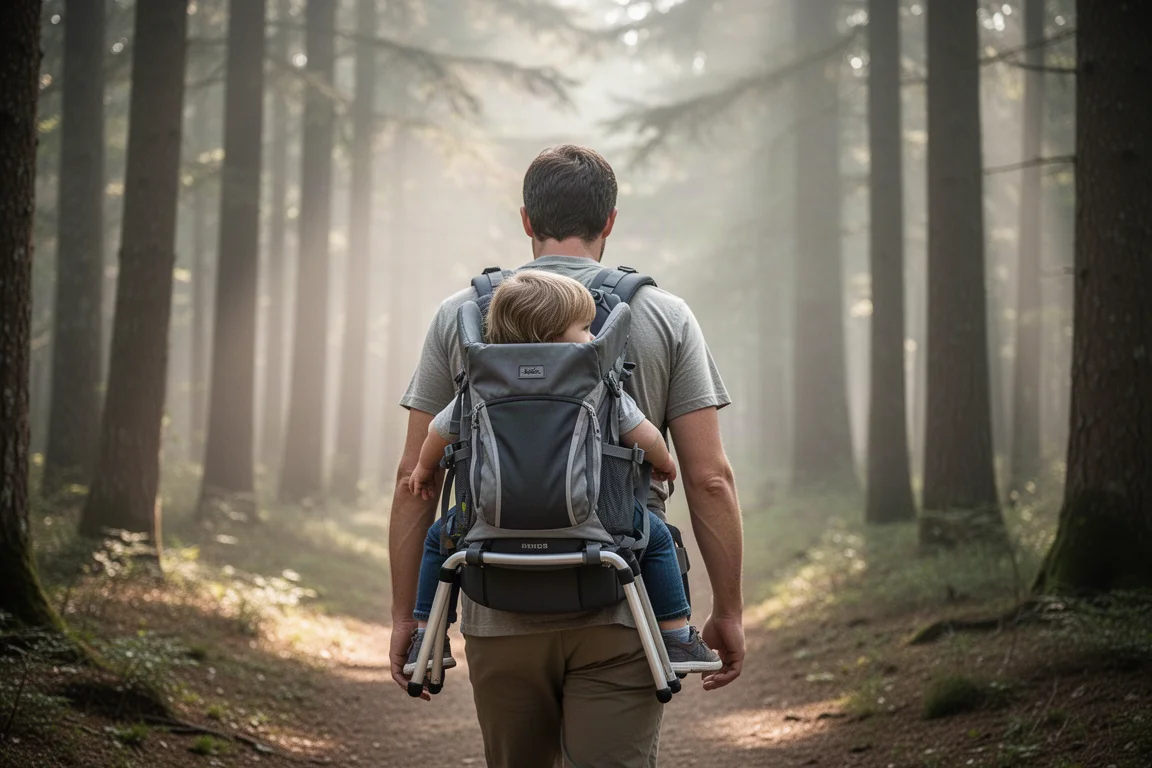 Adult walking a forest trail while carrying a young child in a framed child carrier backpack