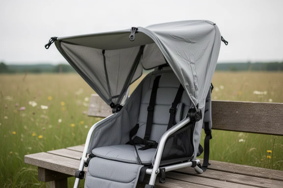 Fold-out sun canopy extended over the padded seat of a child carrier backpack