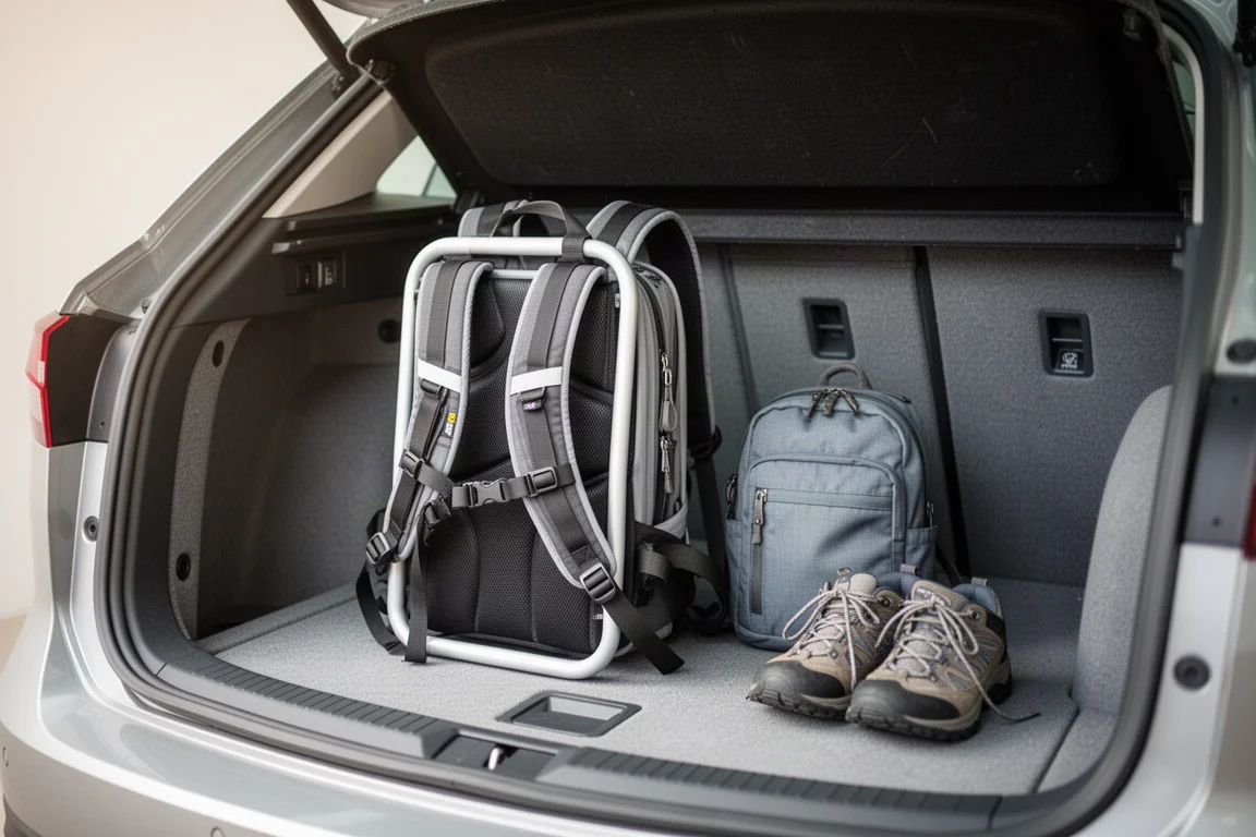 Compact child carrier backpack folded down in a car boot beside a small daypack