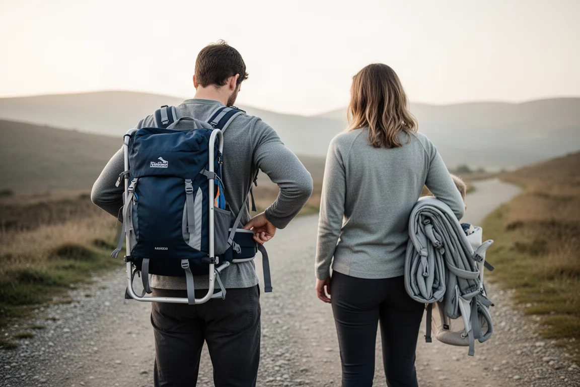 Two adults at a trailhead adjusting the hip belt of a framed child carrier backpack