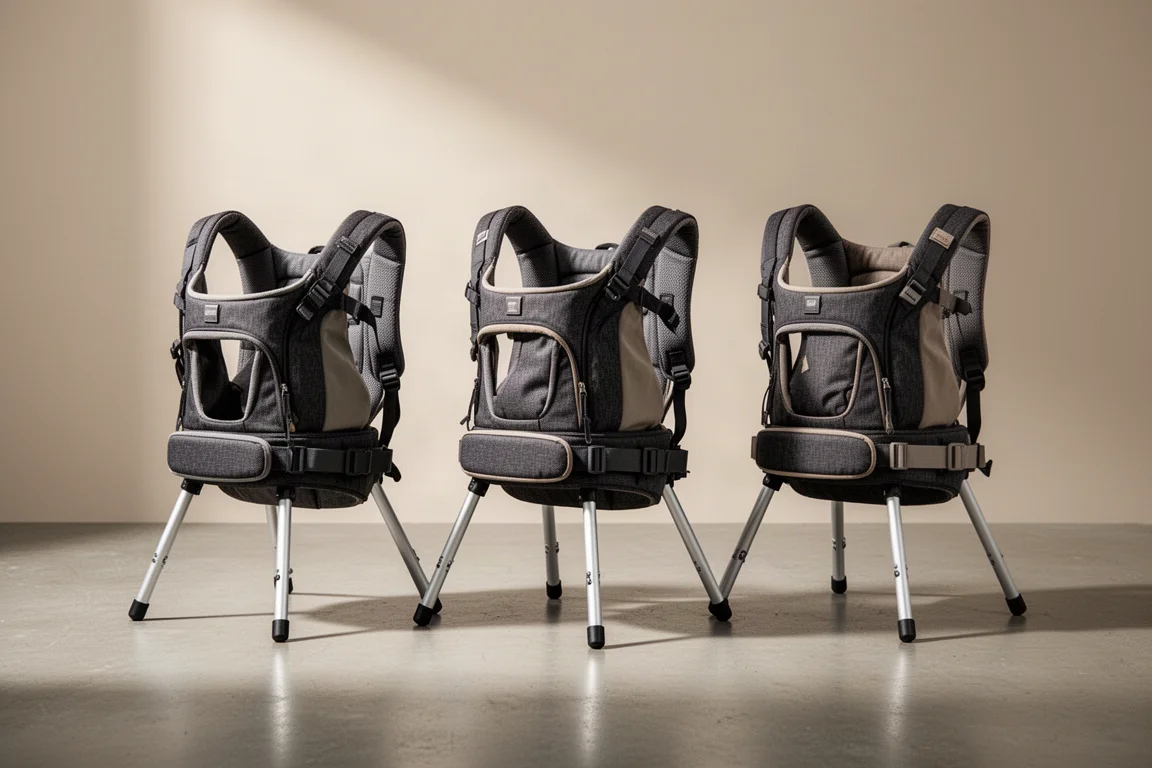 Three framed child carrier backpacks in a row on a concrete floor