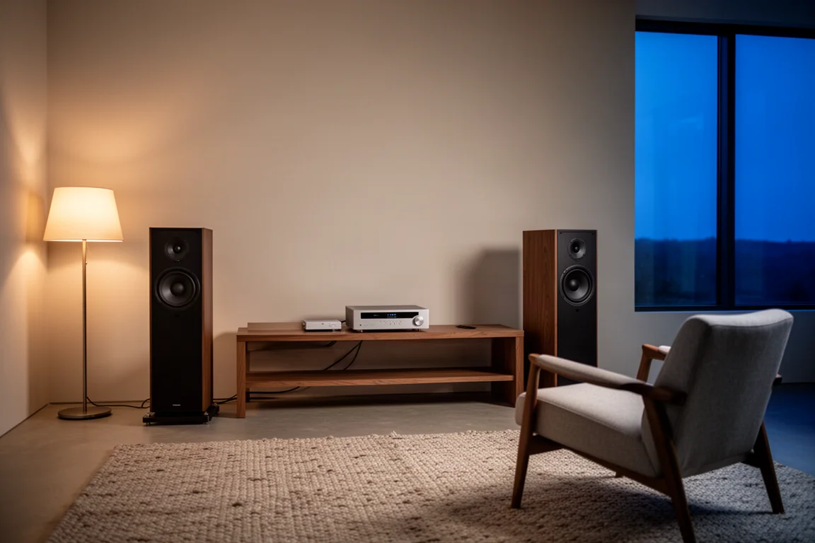 Minimalist living room at dusk with a slim amplifier on a low shelf between floorstanding speakers