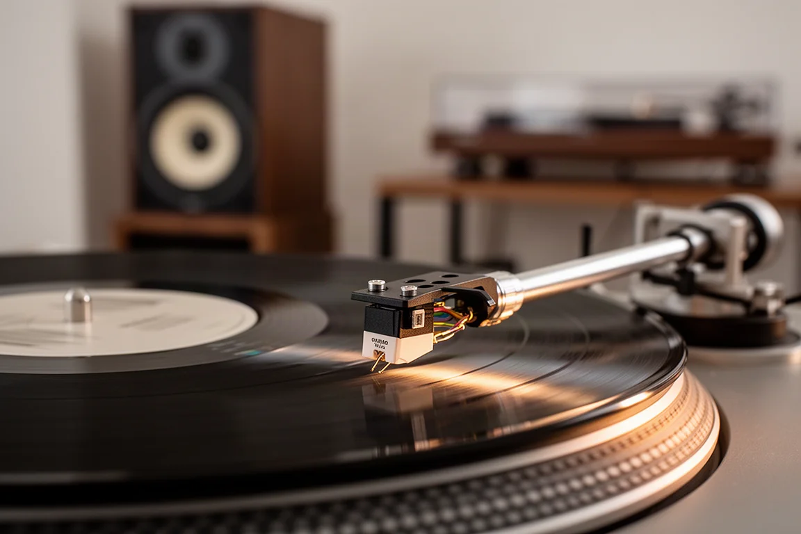 Close-up of a turntable tonearm and cartridge tracking a vinyl record in a softly lit room