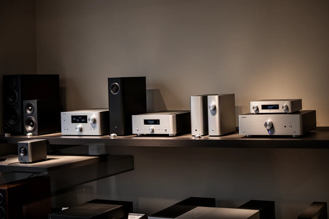 Dimly lit hi-fi showroom shelf lined with several slim integrated amplifiers