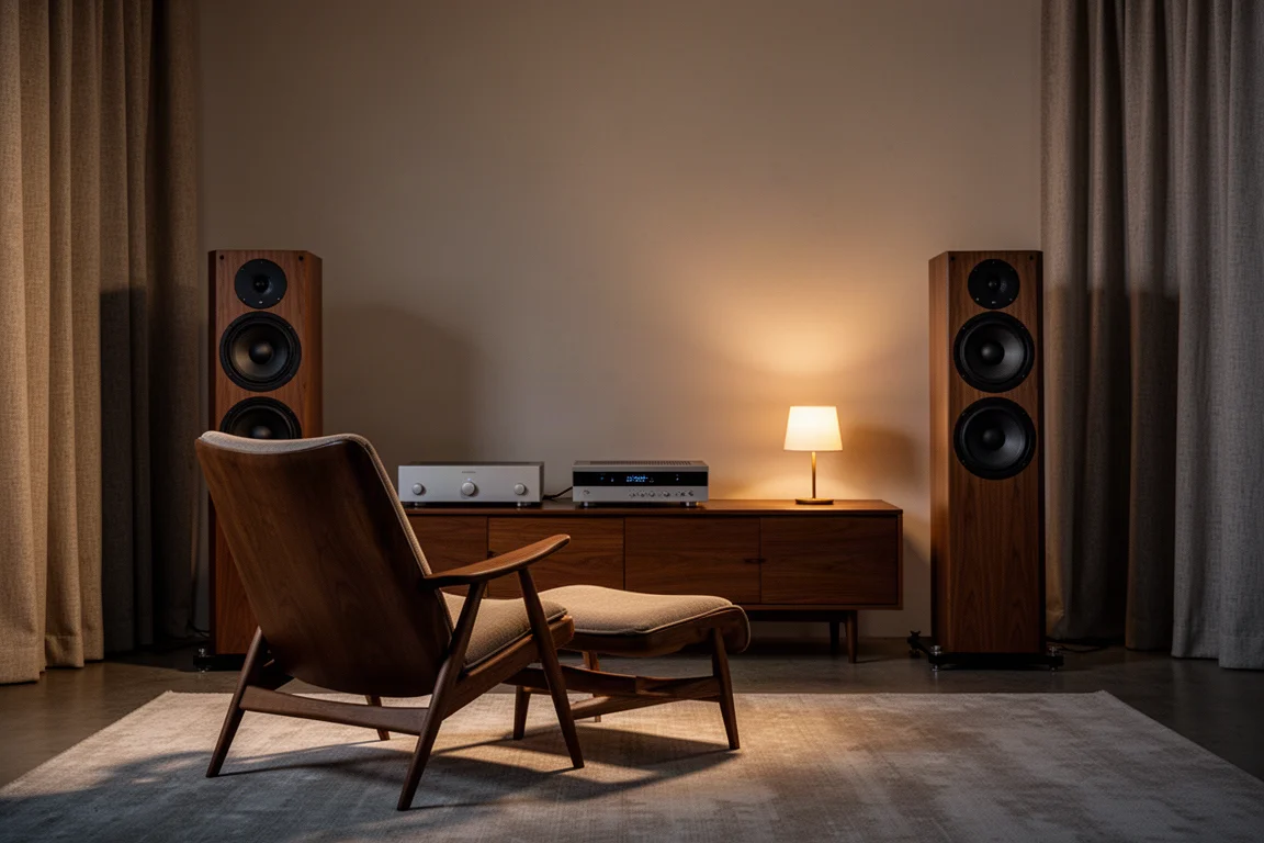 Empty listening chair facing floorstanding speakers in a warmly lit room at night