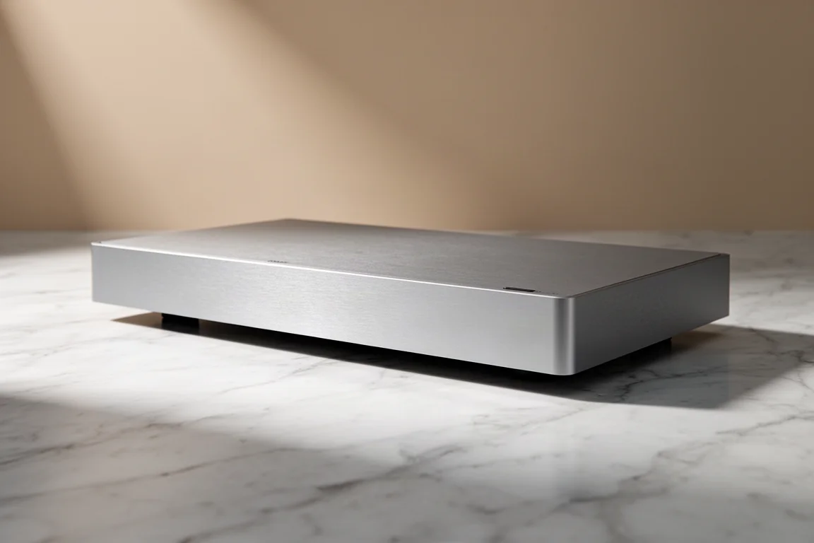 Slim full-width aluminium integrated amplifier on a pale marble surface in soft studio light