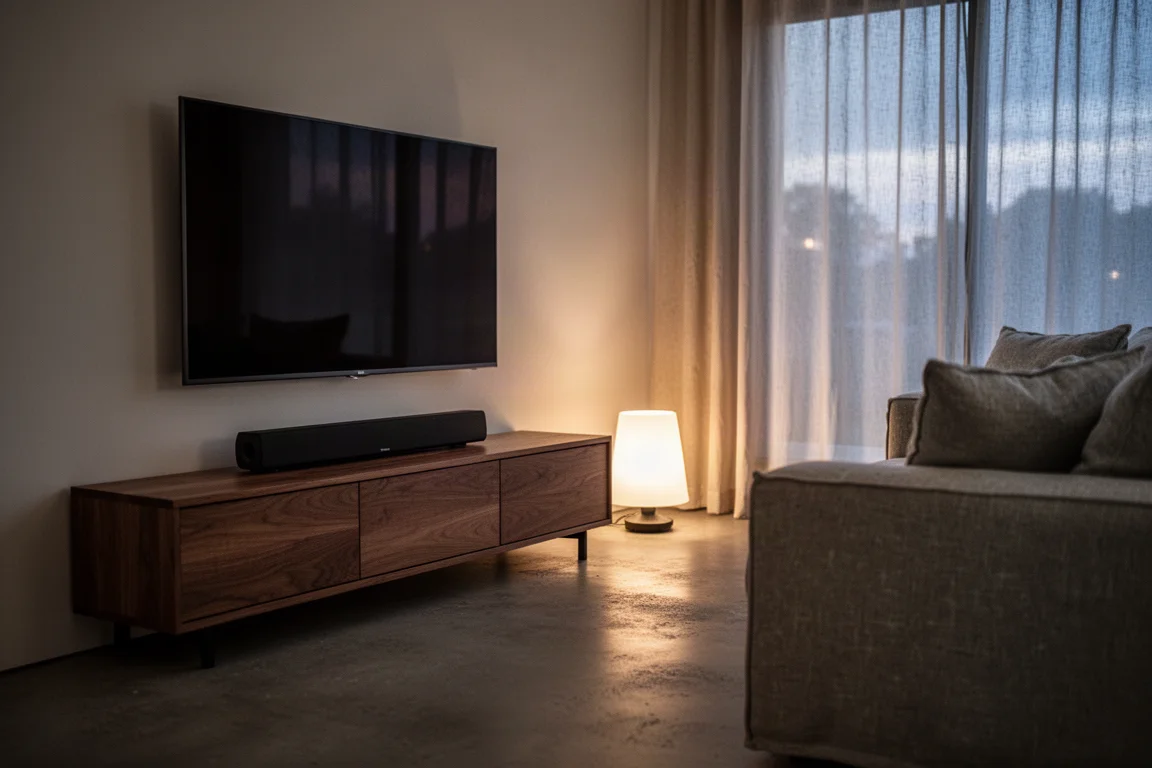 Salón al atardecer con una barra de sonido de perfil bajo bajo un televisor montado en la pared