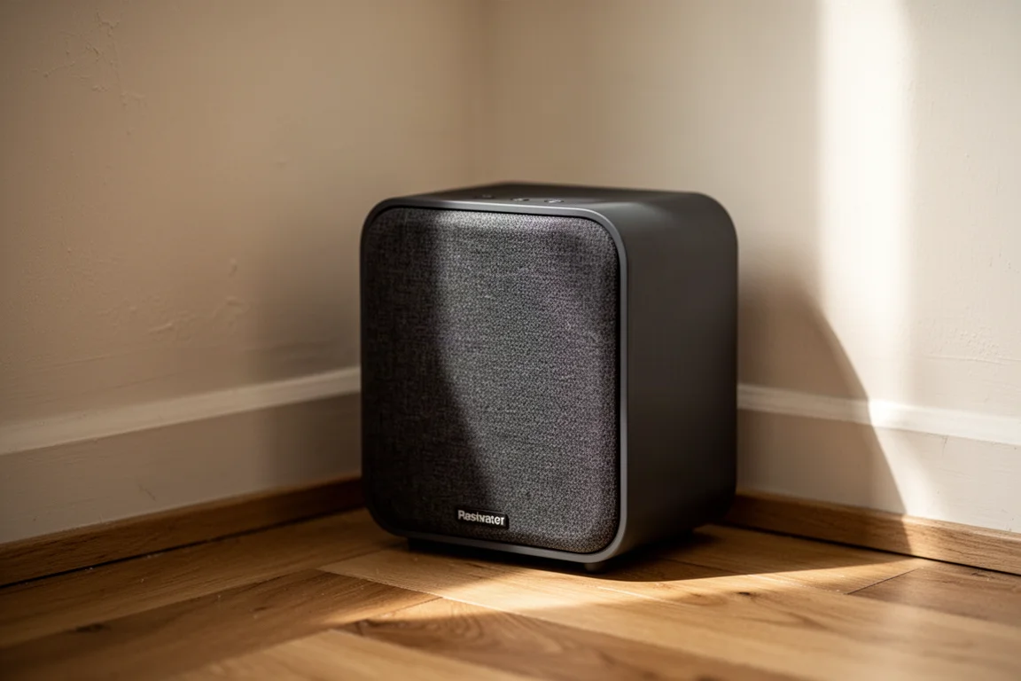 Subwoofer inalámbrico compacto colocado en la esquina de una sala con luz lateral suave
