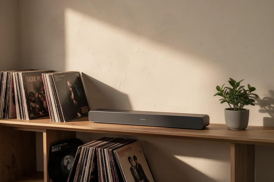 Barra de sonido delgada sobre un estante de roble junto a discos de vinilo y una planta pequeña