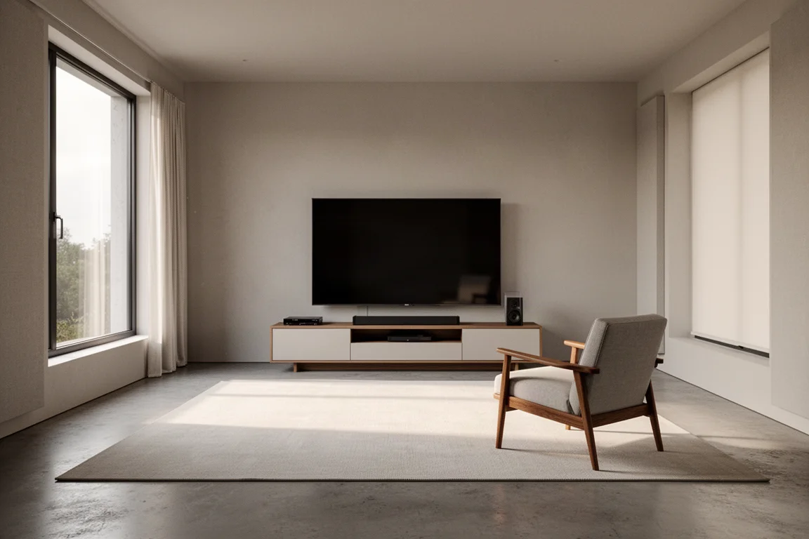 Sala de escucha neutra con un televisor grande, un mueble bajo para medios y un sillón