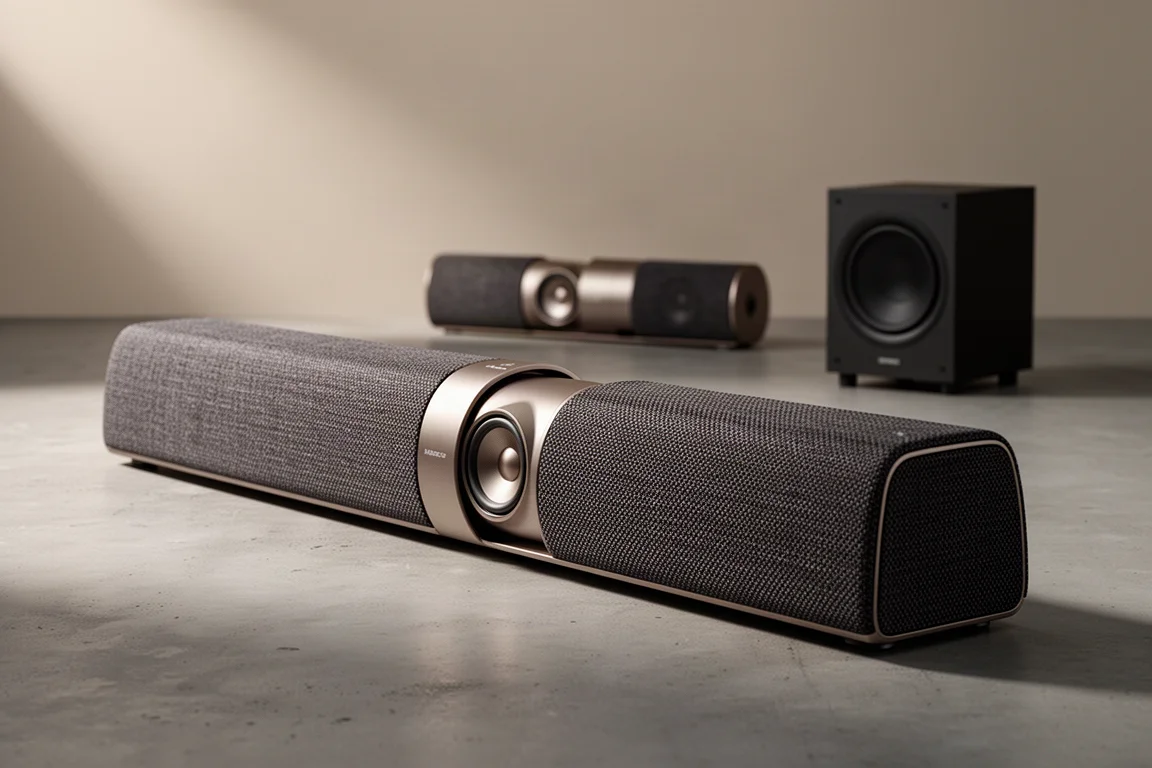 Two premium soundbars on a concrete surface in a soft-lit studio setting