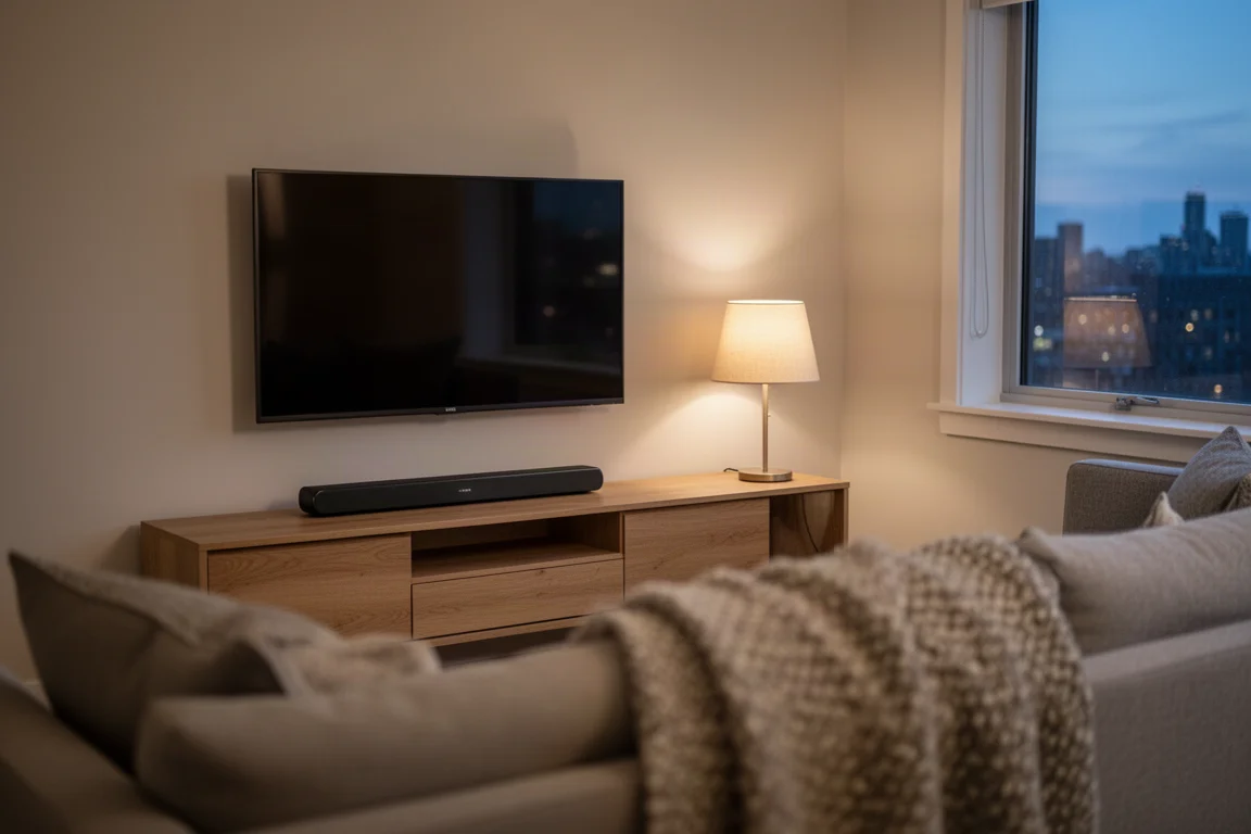 Compact soundbar on a low media console beneath a television in a small living room