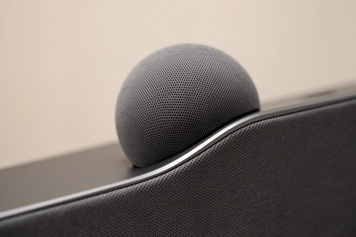 Close-up of a curved spherical speaker orb set into the top of a slim soundbar