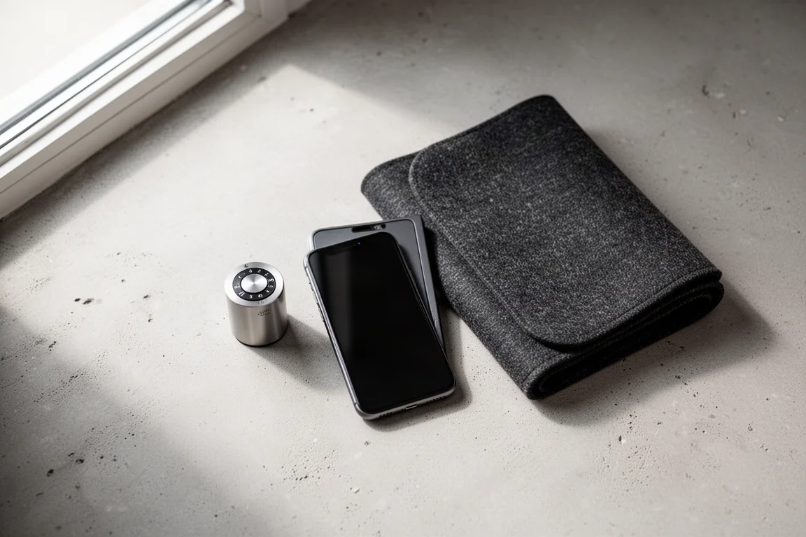 Overhead flat-lay of a rotary dial remote, a smartphone and acoustic fabric on concrete