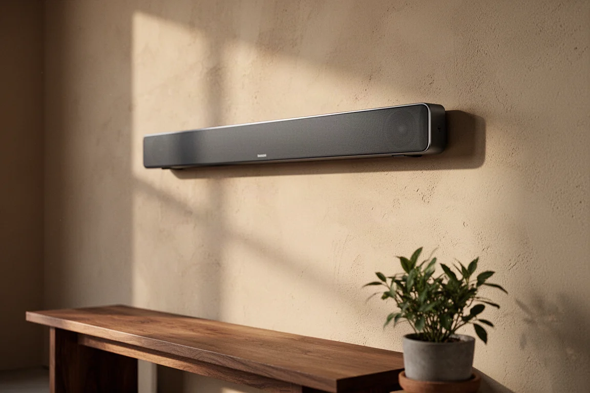 Slim soundbar mounted on a warm plaster wall above a low bench in a modern room
