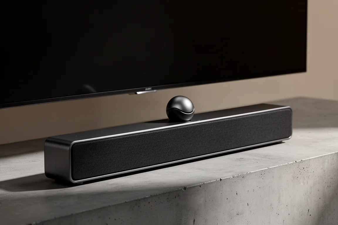 Slim dark grey soundbar with a curved spherical centre-channel orb on a concrete surface