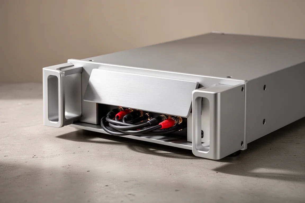 Panel de conexiones trasero de un amplificador compacto con los cables ocultos tras una cubierta de aluminio