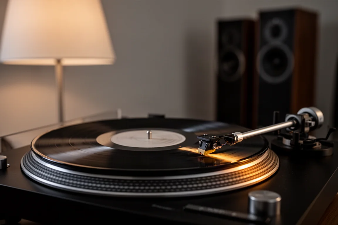 Brazo del tocadiscos y disco girando en una sala de escucha con poca luz y altavoces al fondo