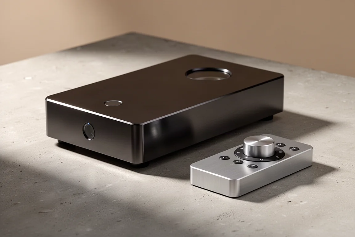Compact dark chrome aluminium amplifier with a small round top window next to a square aluminium remote control