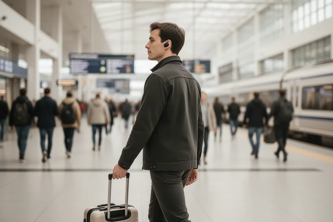Persoon loopt door een druk treinstation met compacte draadloze oordopjes in