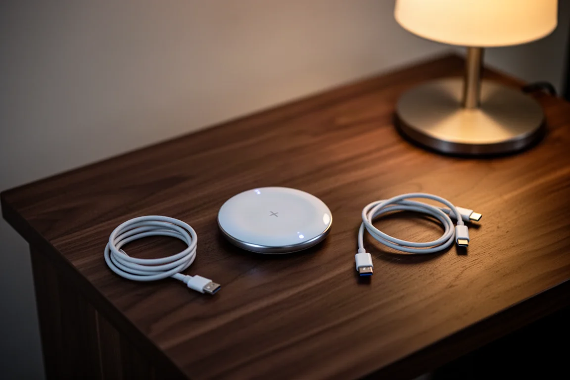 Close-up van een USB-C kabel en draadloze oplaadpad op een bureau in de avond