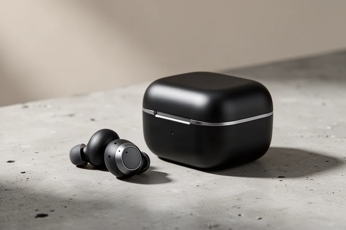 Compact matte black true wireless earbuds beside a small flip-top charging case on concrete