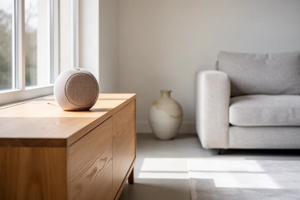 Ronde draagbare speaker met geweven stof op een licht eikenhouten dressoir in een lichte woonkamer