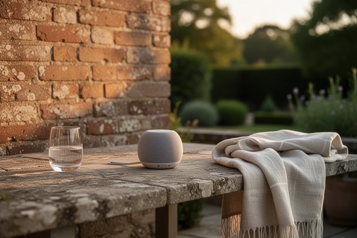 Stenen terras tijdens golden hour met compacte speaker op een laag tafeltje en bakstenen muur erachter