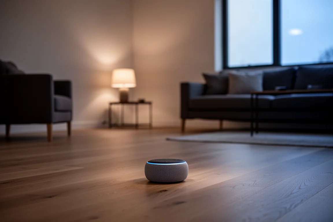 Open woonruimte in de schemering met een compacte ronde speaker op een kale houten vloer