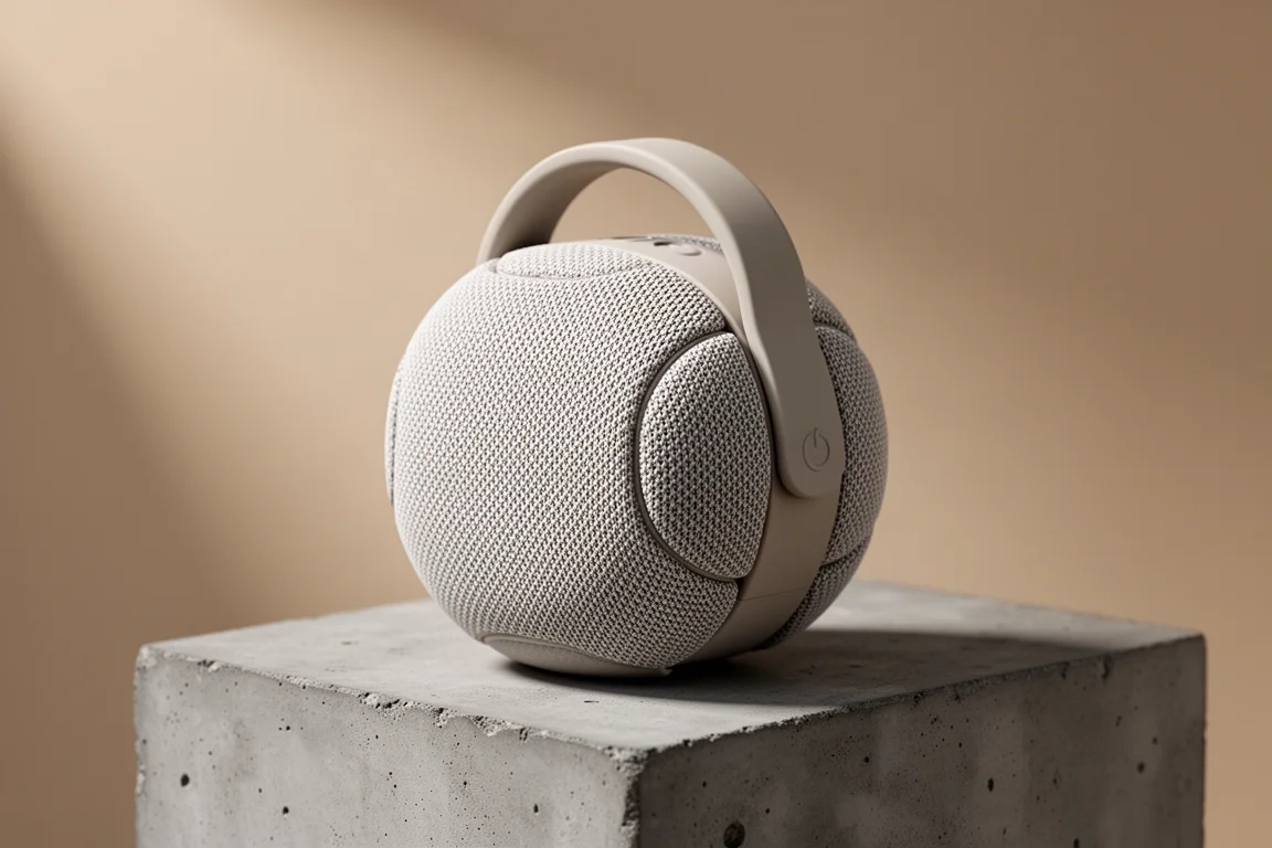 Compact round woven-fabric portable speaker with a wrap-around handle on a concrete surface