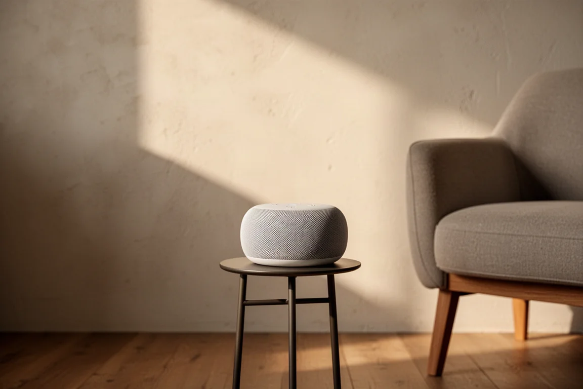 Kleine bolvormige draadloze speaker op een laag statief in een zacht verlichte woonkamer