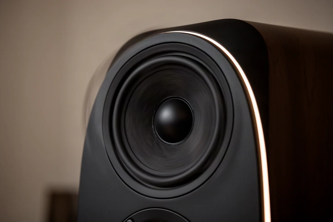 Close-up van een speakerdriver die pulseert met diepe bastonen in een schemerige kamer