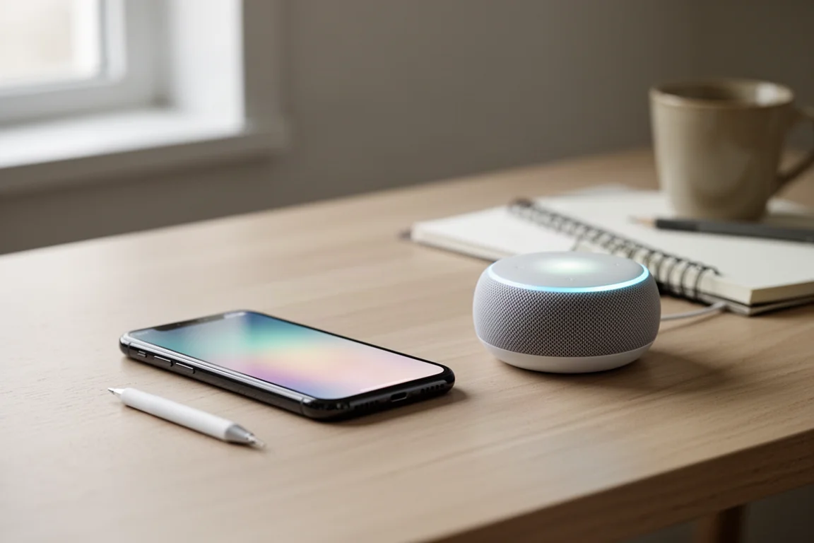 Smartphone met een bedieningsapp voor een draadloze speaker op een houten bureau