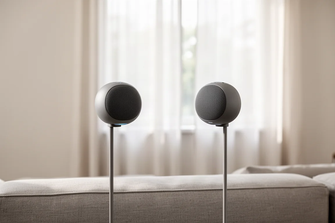 Twee compacte draadloze speakers op statieven in een lichte appartement-luisterruimte