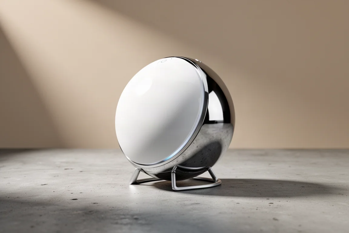 Compact rounded wireless speaker on a low stand against a neutral background