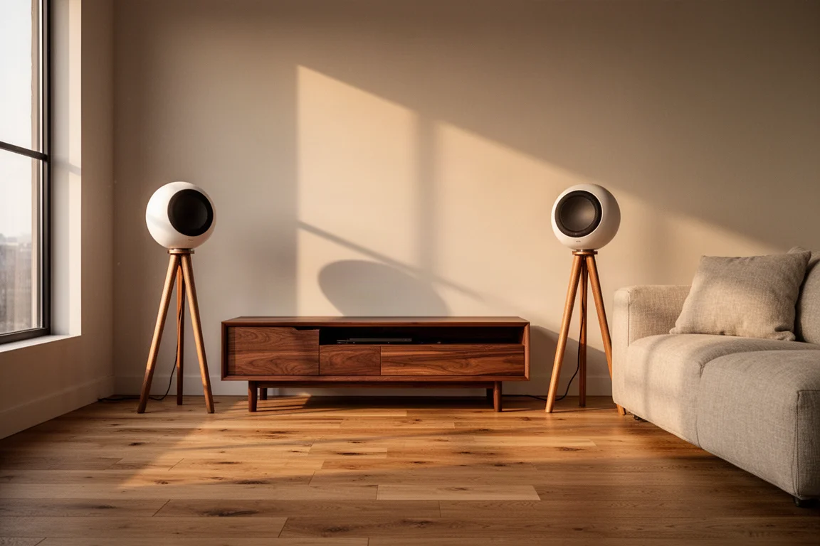 Two spherical speakers on wooden stands flanking a media console in a warm living room
