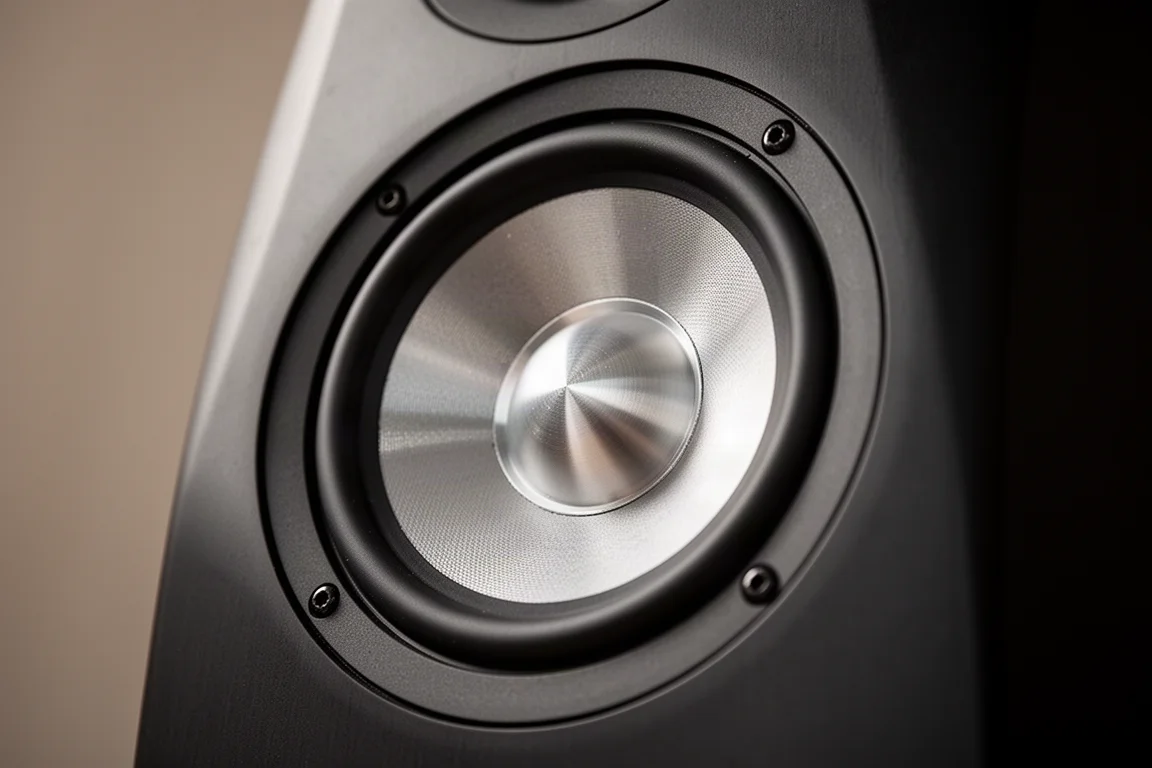 Close-up of a circular aluminum woofer diaphragm on a curved speaker cabinet