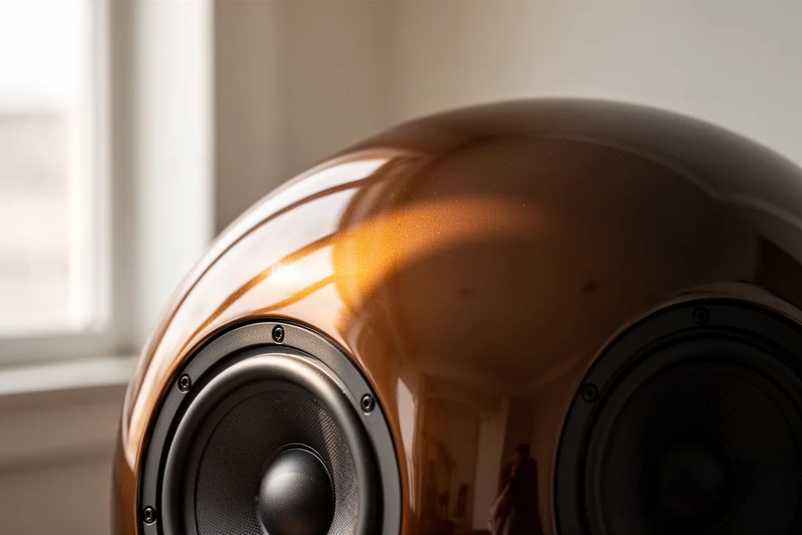 Detail of a glossy curved speaker cabinet surface with soft reflections