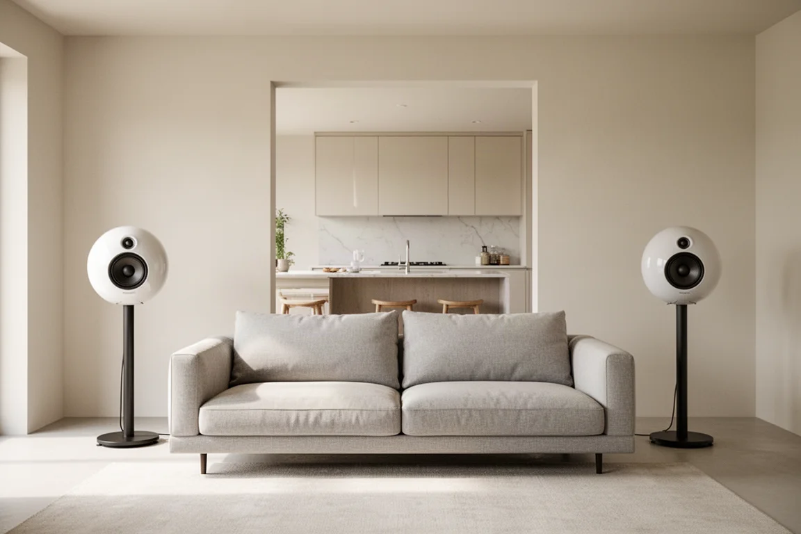Stereo pair of spherical speakers on stands either side of a sofa in an open-plan room