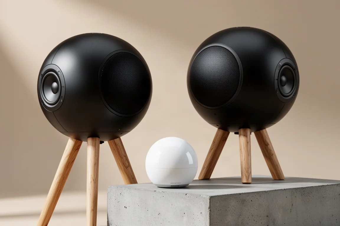 Two large black spherical speakers on wooden stands beside a compact white speaker on concrete