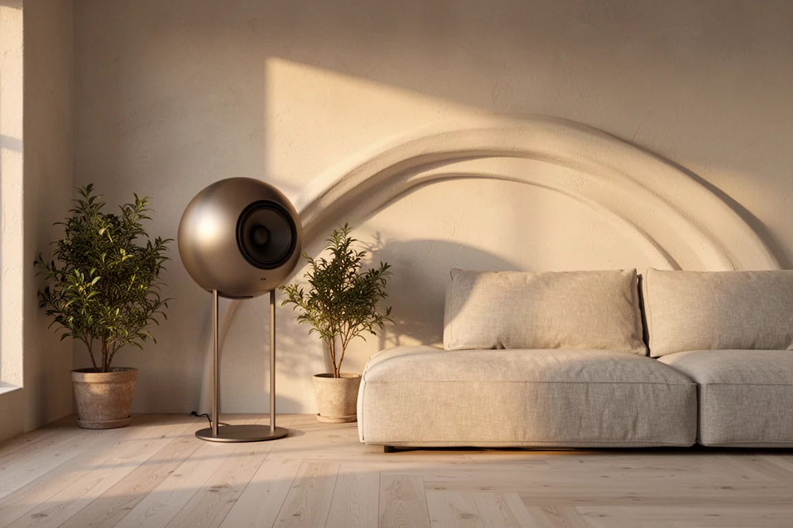 Minimalistische woonkamerhoek met een grote bolvormige speaker op een slanke vloerstandaard in warm licht