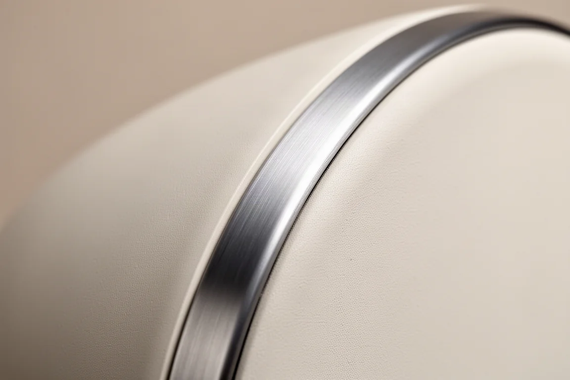 Close-up van een mat gebroken wit gebogen speakerbehuizing die aansluit op een geborstelde aluminium rug
